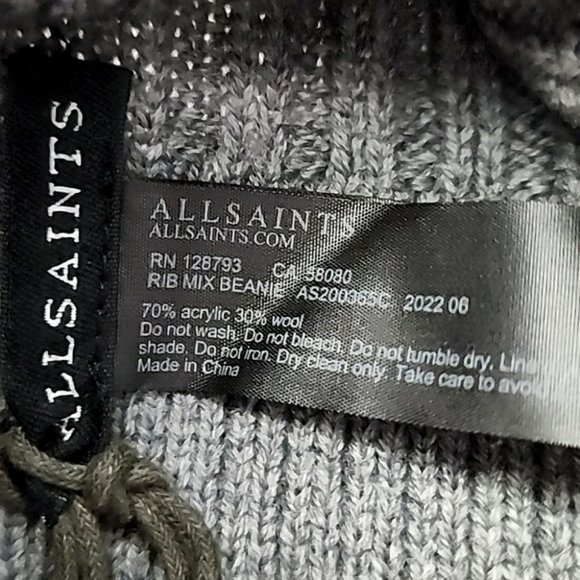 AllSaints Unisex Merino Wool Blend Knit Charcoal Grey Rib Mix Beanie Size OS - Picture 8 of 10